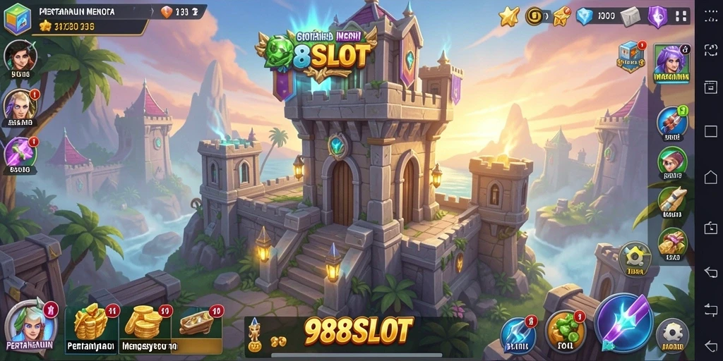 Screenshot utama 988SLOT menampilkan aksi menara pertahanan yang epik.