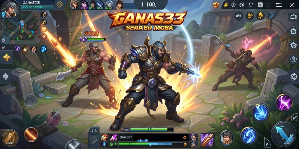 Screenshot utama GANAS33 menampilkan aksi seru dalam pertarungan MOBA.