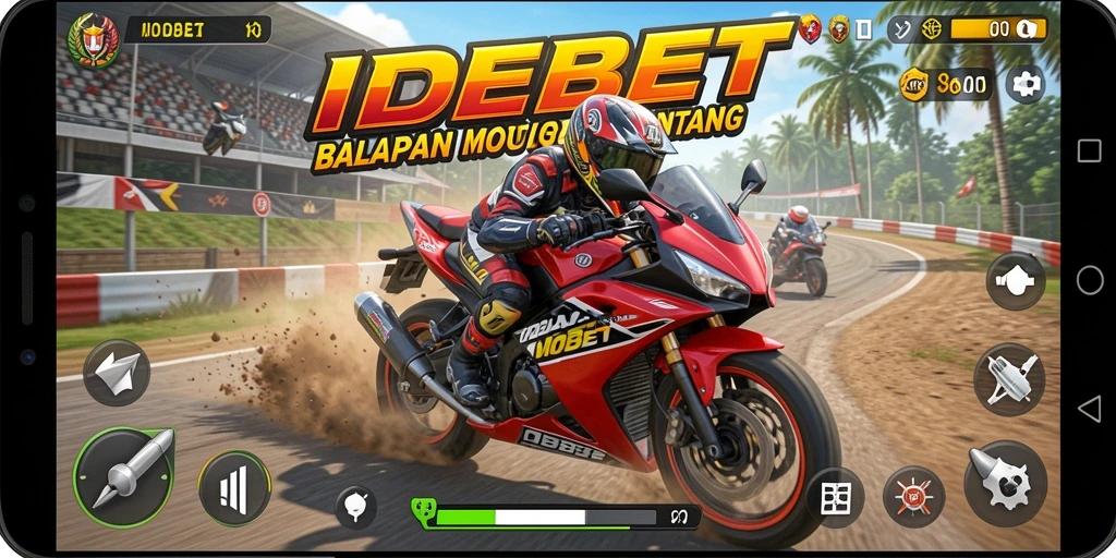 Tampilan gameplay IDEBET yang mendebarkan dengan balapan motor yang seru.