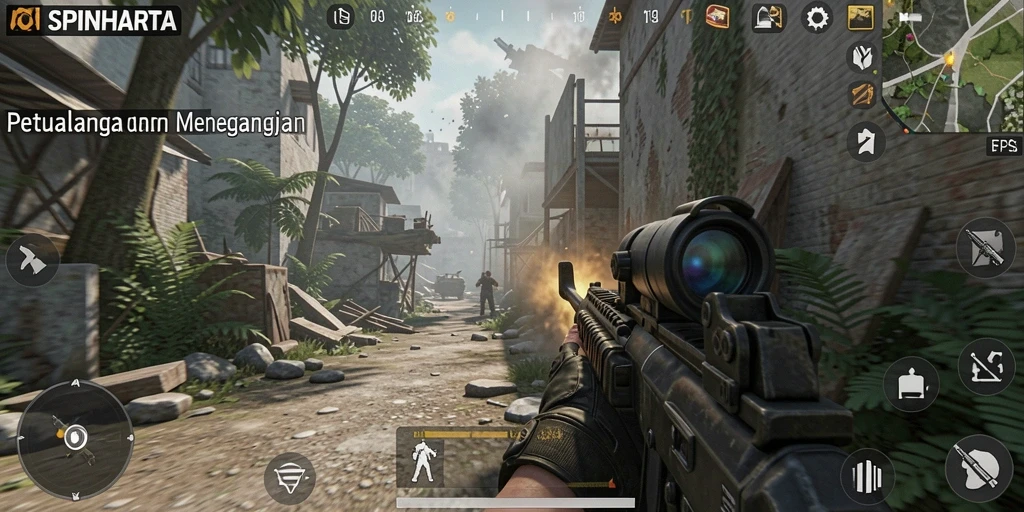 Tampilan gameplay menegangkan dalam SPINHARTA dengan aksi FPS yang intens.