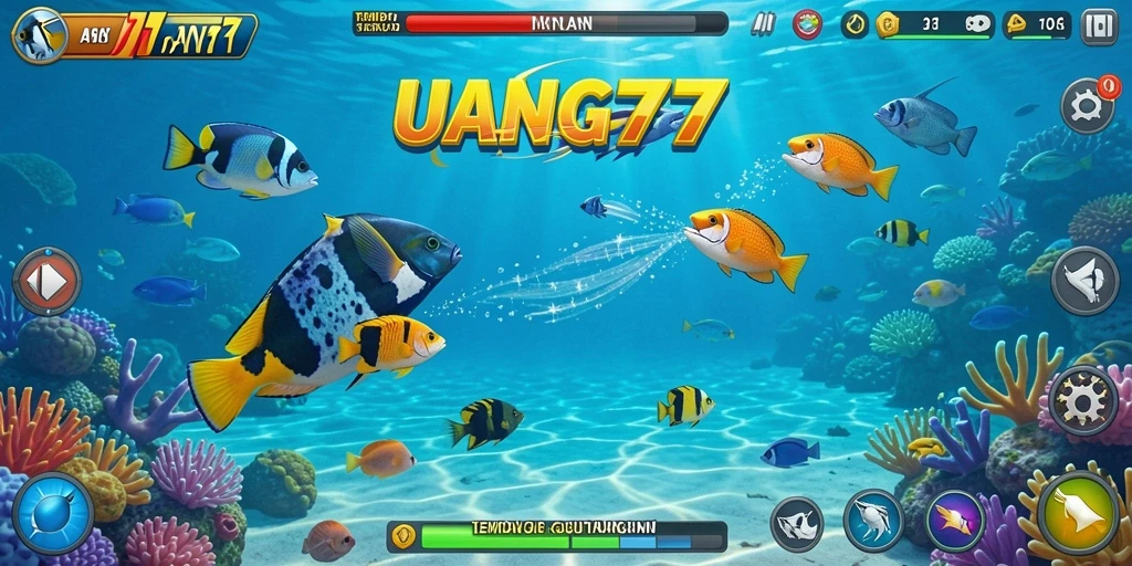 Tampilan gameplay UANG77 dengan aksi menangkap ikan.